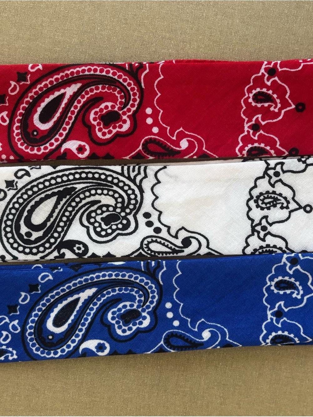 Tri-Color Paisley Bandana Set of 3 scarves - Red, White, Blue